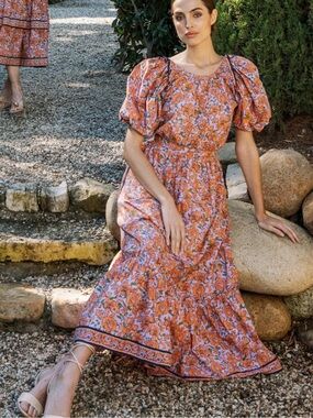 Cleobella Karena Ankle Dress Asilah Floral Puff Sleeve Dress Keyhole Sz Small